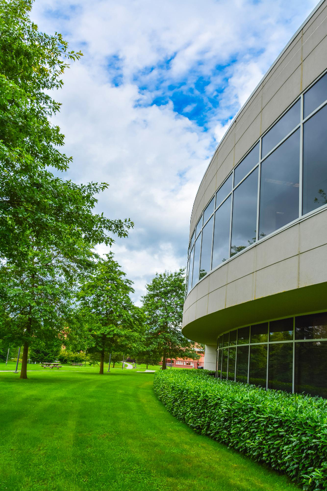 cut lawn outside a office building